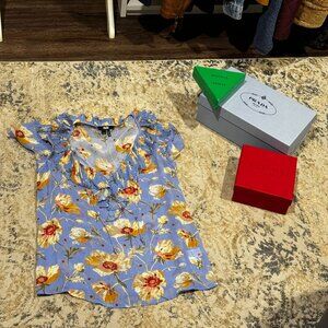 Paige blue floral short-sleeve Karin blouse, with ruffles at collar XXS